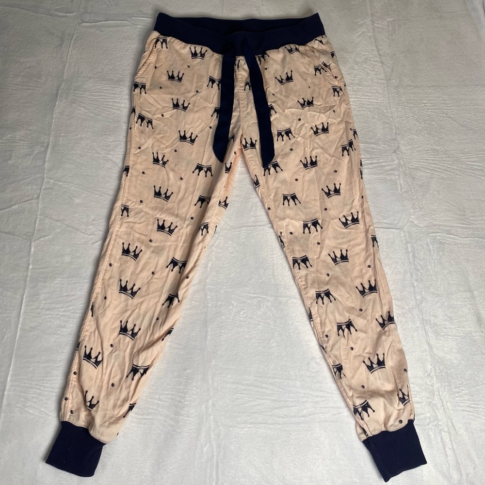 Aerie pink with navy blue crowns pajama pants with banded ankles